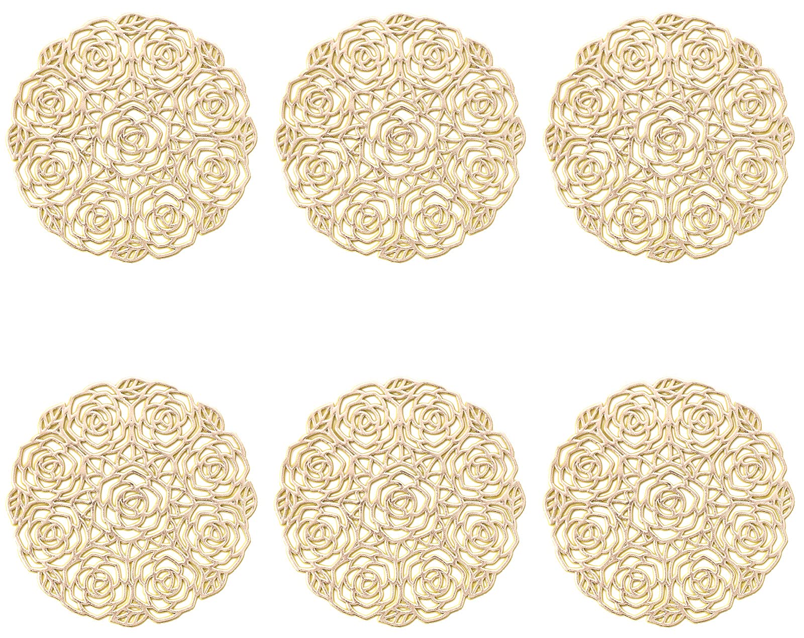 ASFINS Set of 6 Rose Coasters, Hollowed-Out Round Coasters Non-Slip Drinks Coasters Novelty Cup Coaster, for Home and Kitchen Resistant Use, Hollowed-Out, Metallic Round (Gold, Style L, 10cm)