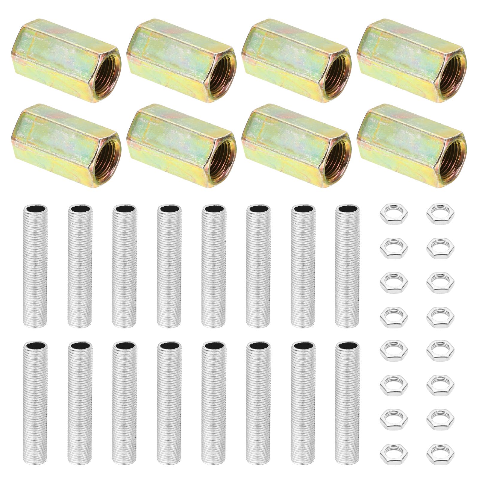 PATIKIL M10 Fine Thread Lamp Pipe Repair Kits, 40 Pcs M10×25 Metal Hexagon Closed Coupling Nut with Threaded Pipe and Hex Nut for Lighting Extension Rod