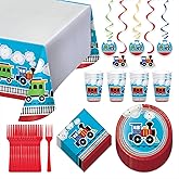 Train Theme Party Supplies - All Aboard Paper Dessert Plates, Napkins, Cups, Table Cover, and Cutouts Set (Serves 16)