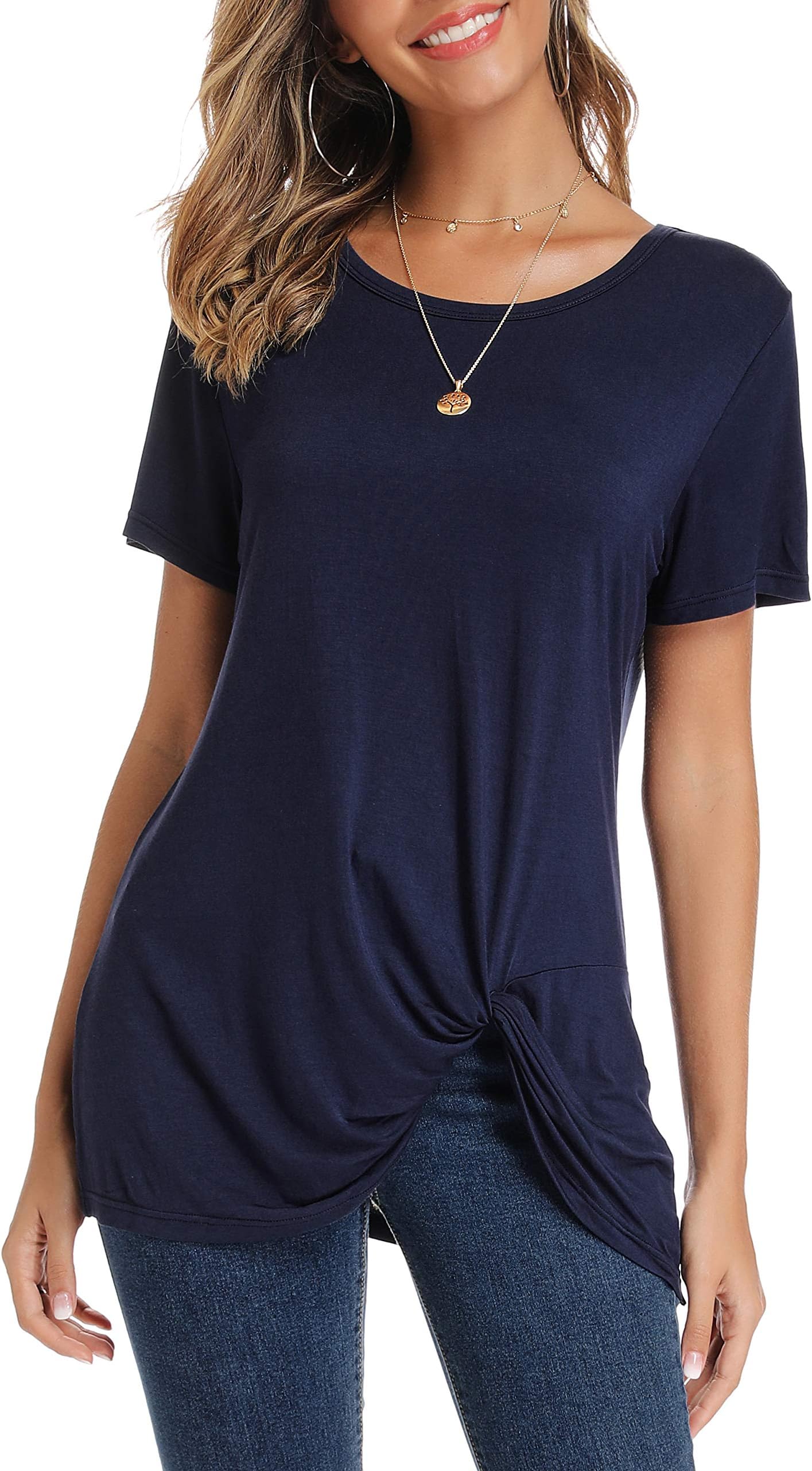 Women's Short Sleeve Tops Knot Twist Front Floral Tops Loose T Shirt Summer Tops Blouses Tunic