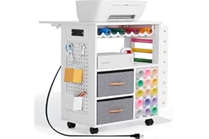 CRAFTEASE Rolling Craft Cart and Storage Table Compatible with Craft Machines Foldable Crafting Cabinets w/2 USB Ports and Outlets 31 Vinyl Rolls Holder Heat Press Organizer Workstation for Craft Room