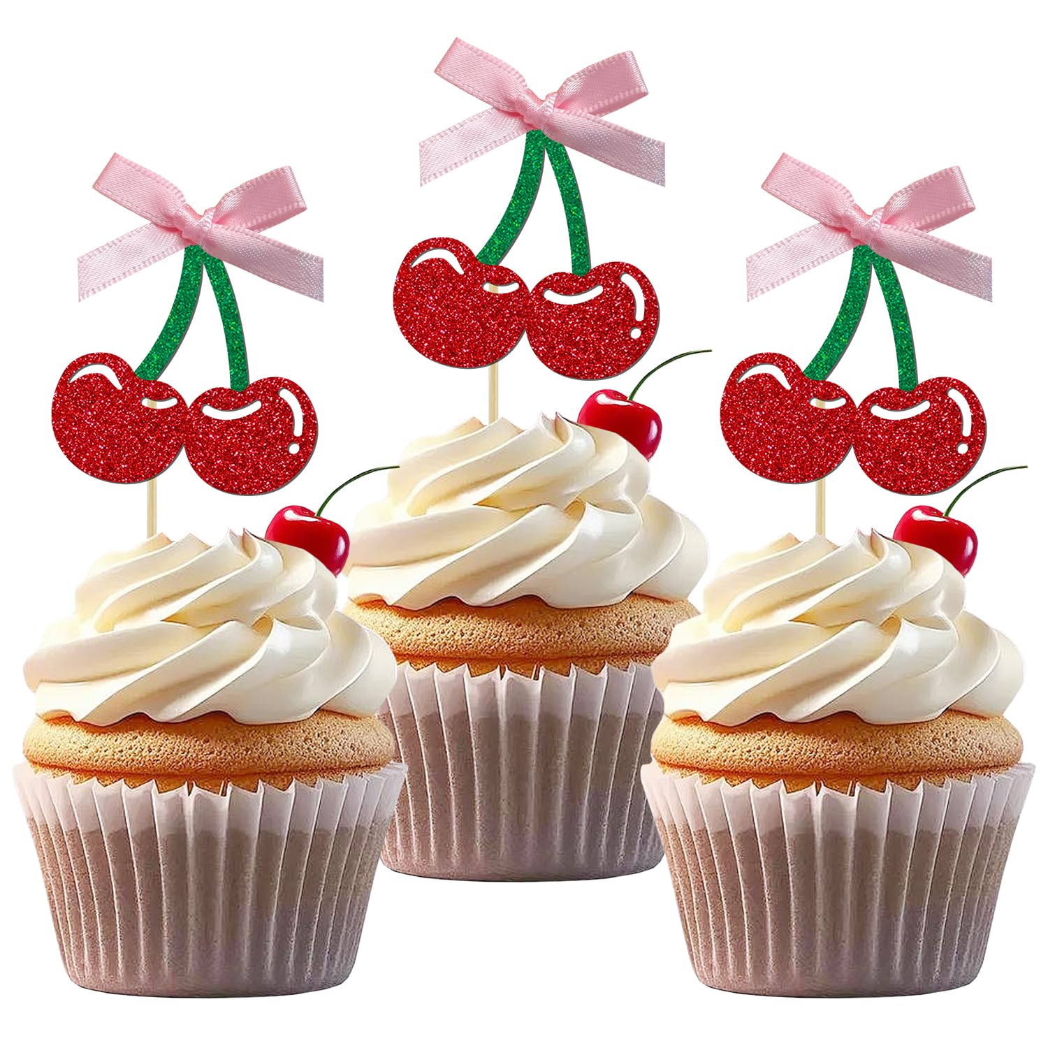 View 1 of 24 Pack Cherry Cupcake Toppers, Glitter Sweet Cherry Cupcake Pick for Fruits Theme Baby Shower and Birthday Decorations Supplies