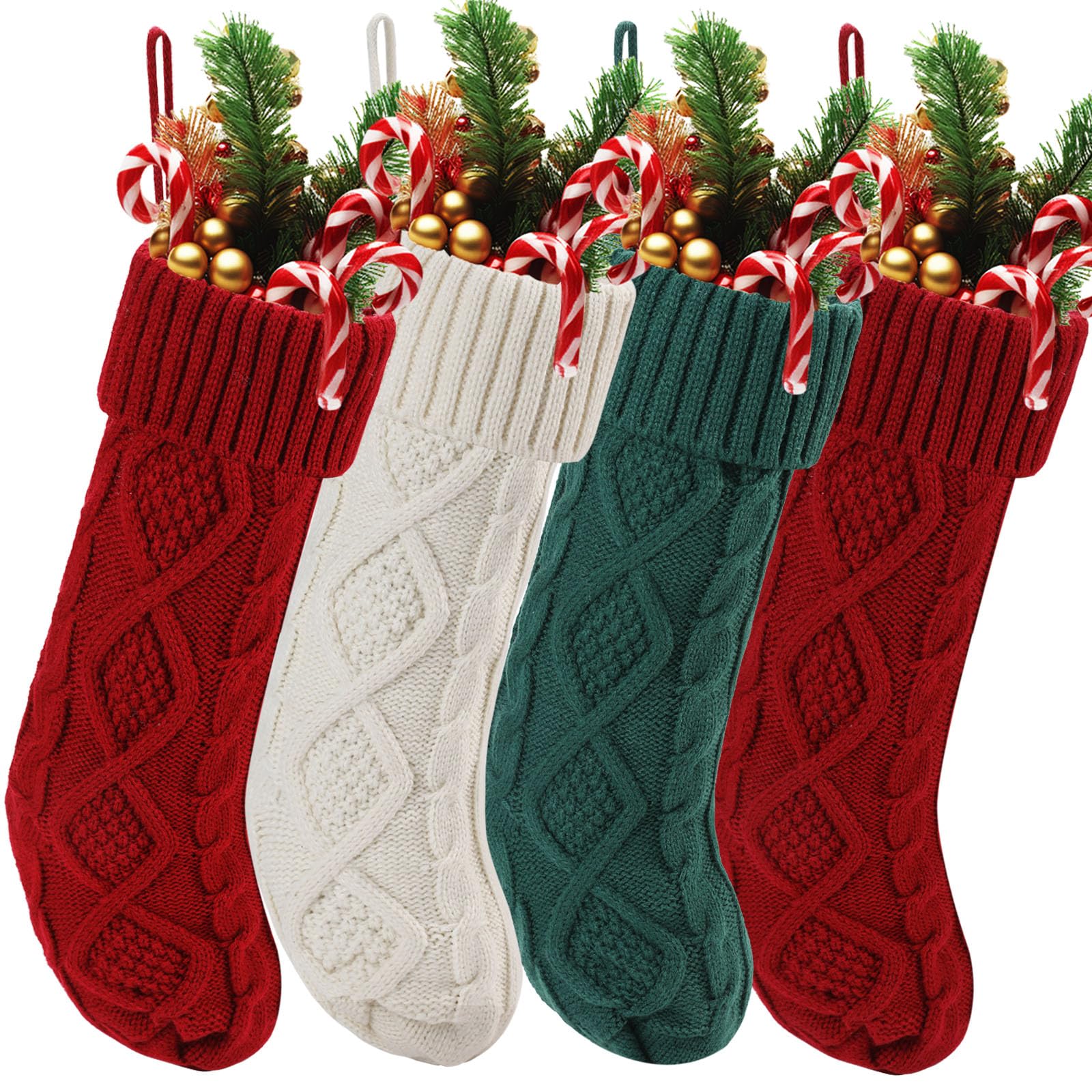 Knitted Christmas Stockings Large 18 Inch Xmas Double-Sided Rhombus Grid Cable Stocking Fireplace Christmas Tree Decor Standard Hanging Stockings Red White Green 4 Pack