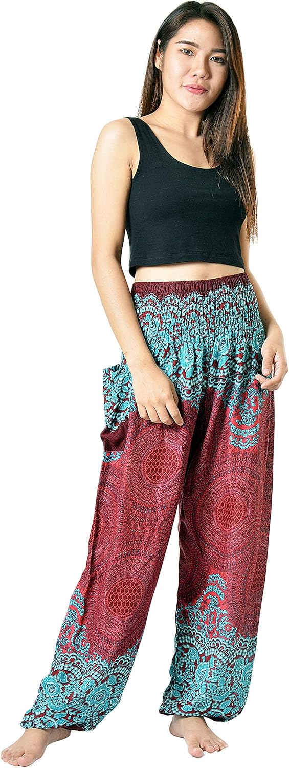 Orient Trail Smocked Waist with Elastic Cuffs Scrunched Bottom Tribal Elephant Harem Pants US Size 0-22