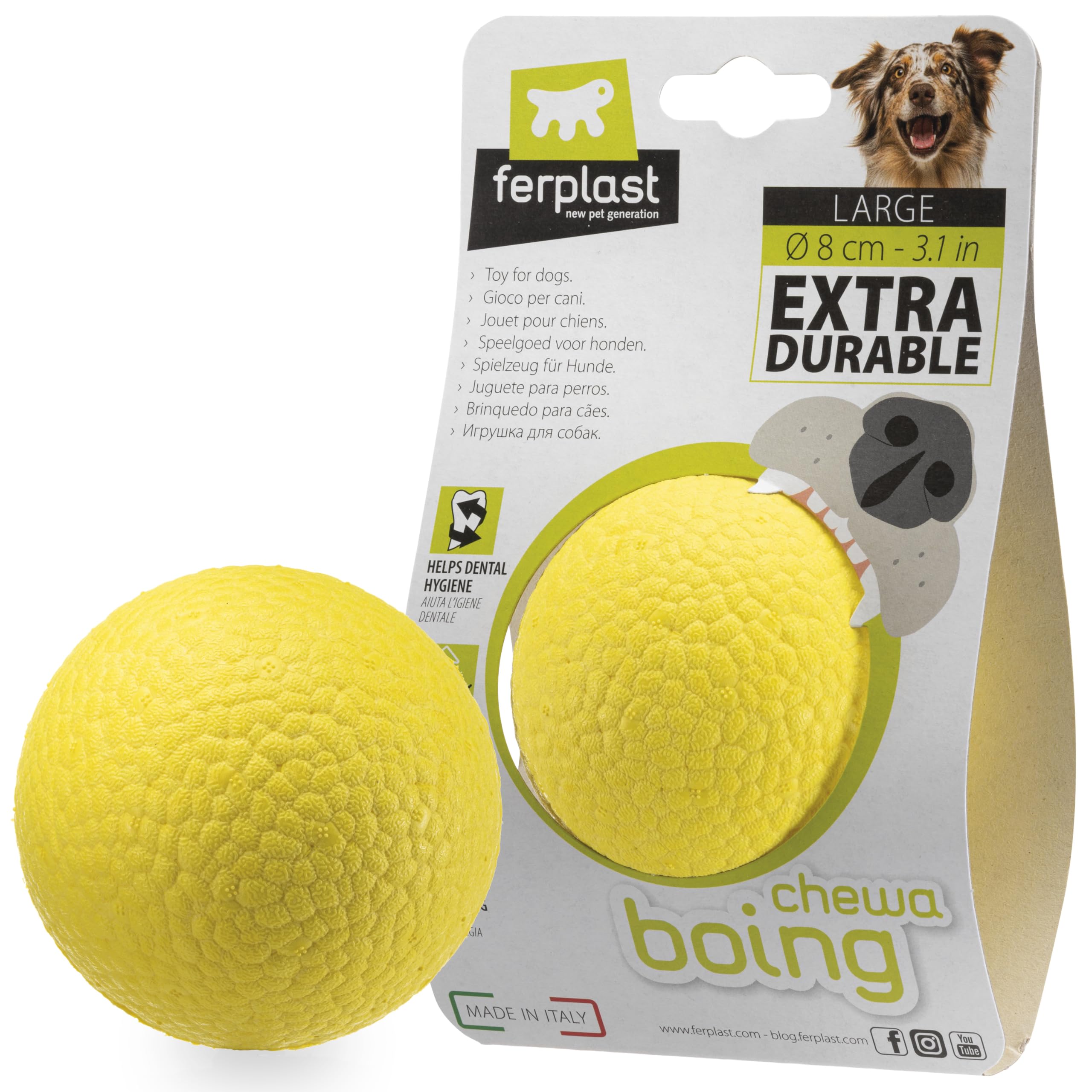 Ferplast CHEWA BOING BALL Dog Toy Super Bouncing & Floating - Innovative Chewing-Resistant Material - 3D Texture for Dental Hygiene - Ultra Durable - Italian Design - Size L, Yellow