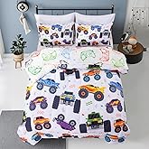 Holawakaka Boys Twin Size Off-Road Racing Truck Print Bedding Comforter Set with Sheets, Cartoon Race Trucks Printed Bed in A Bag 5 Pieces Kids Teen-Boys Cars Dorm Reversible Bed Sets,Multi