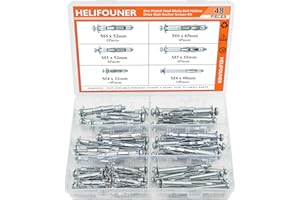 HELIFOUNER Hollow Wall Anchor Screws Set, 6 Sizes Heavy Duty Zinc Plated Steel Molly Bolt Hollow Drive Wall Anchor Screws Assortment Kit for Drywall, Plaster and Tile, 48 PCS