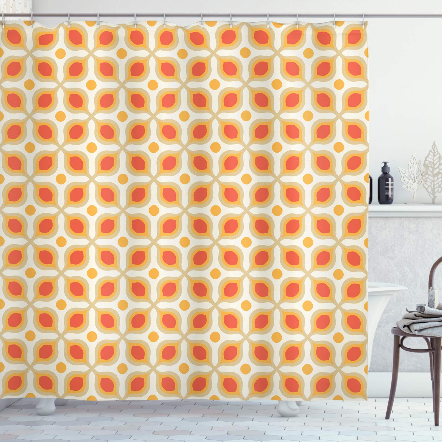 ABAKUHAUS Geometric Shower Curtain, Linked Bold Geometric Shapes 70s Vintage Minimalist Pattern Bohemian Design, Cloth Fabric Bathroom Decor Set with Hooks, 175 x 180 cm, Orange Cream