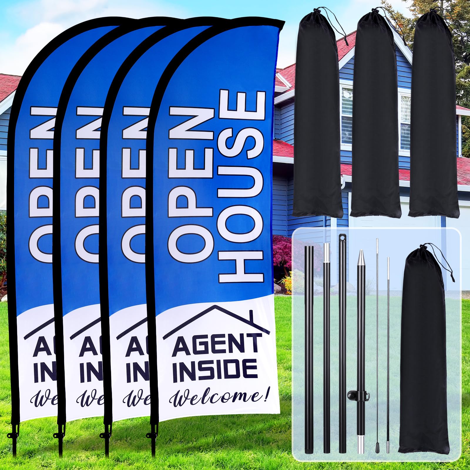 Photo 1 of Buryeah 4 Pack Open House Flags Signs for Real Estate Agents 7x5.4 Ft Feather Flag Sign with Flagpole Ground Stake Portable Bag Real Estate Flags Opening Signs Banner Set for Business (Blue)