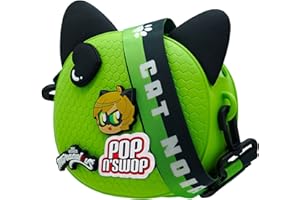 Miraculous Ladybug Pop n' Swop Green Mini Handbag with Adjustable Strap, Customizable Bag 4 Clip-on Badges, Accessory Bag, Lightweight Durable Waterproof Purse - Gift for Girls and Kids (Cat Noir)