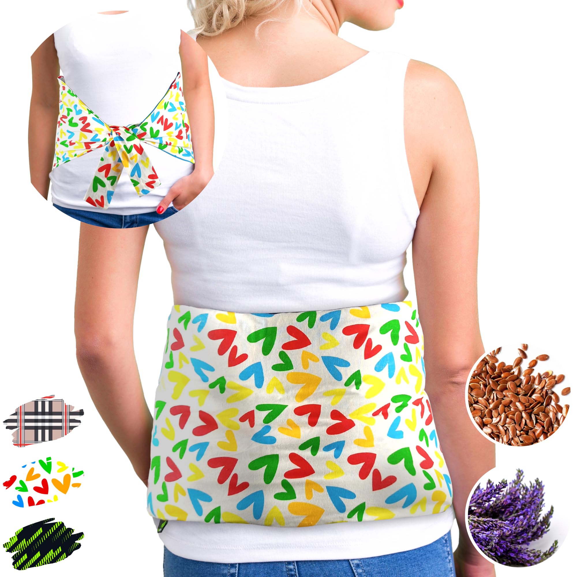 Wheat Bags for Back Pain Relief - Microwave Heat Pads for Lower Back (60x20 cm) - Heat and Cold Pack Microwavable - Washable Cover, 100% Cotton Fabric and Lavender (Hearts)