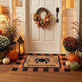 2 Pcs Halloween Coir Doormat for Porch 27.5 x 43 Inches with Orange & Black Buffalo Plaid Rug, Layered Non Slip Welcome Mats for Halloween Front Door Porch & Entryway Indoor Outdoor Decor