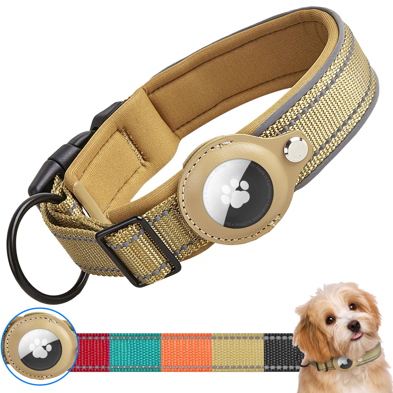Ledeak Padded Dog Collar for AirTag, Reflective Waterproof Dog Collar Holder with Protective Case for Apple Airtag Dog Tracker, Durable Anti-lost Dog Collars for Small Medium Large Dogs (Khaki, XL)