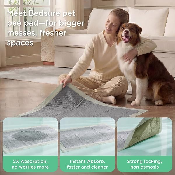 BEDSURE PEE PADS FOR DOGS, 22″ X 22″ PUPPY PADS 50 COUNT, SUPER ABSORBENT & LEAK PROOF, SMALL DOG TRAINING PADS QUICK DRY DISPOSABLE PETS POTTY PADS ODOR-CONTROL ACTIVATED CARBON & ECO GREEN MATERIAL