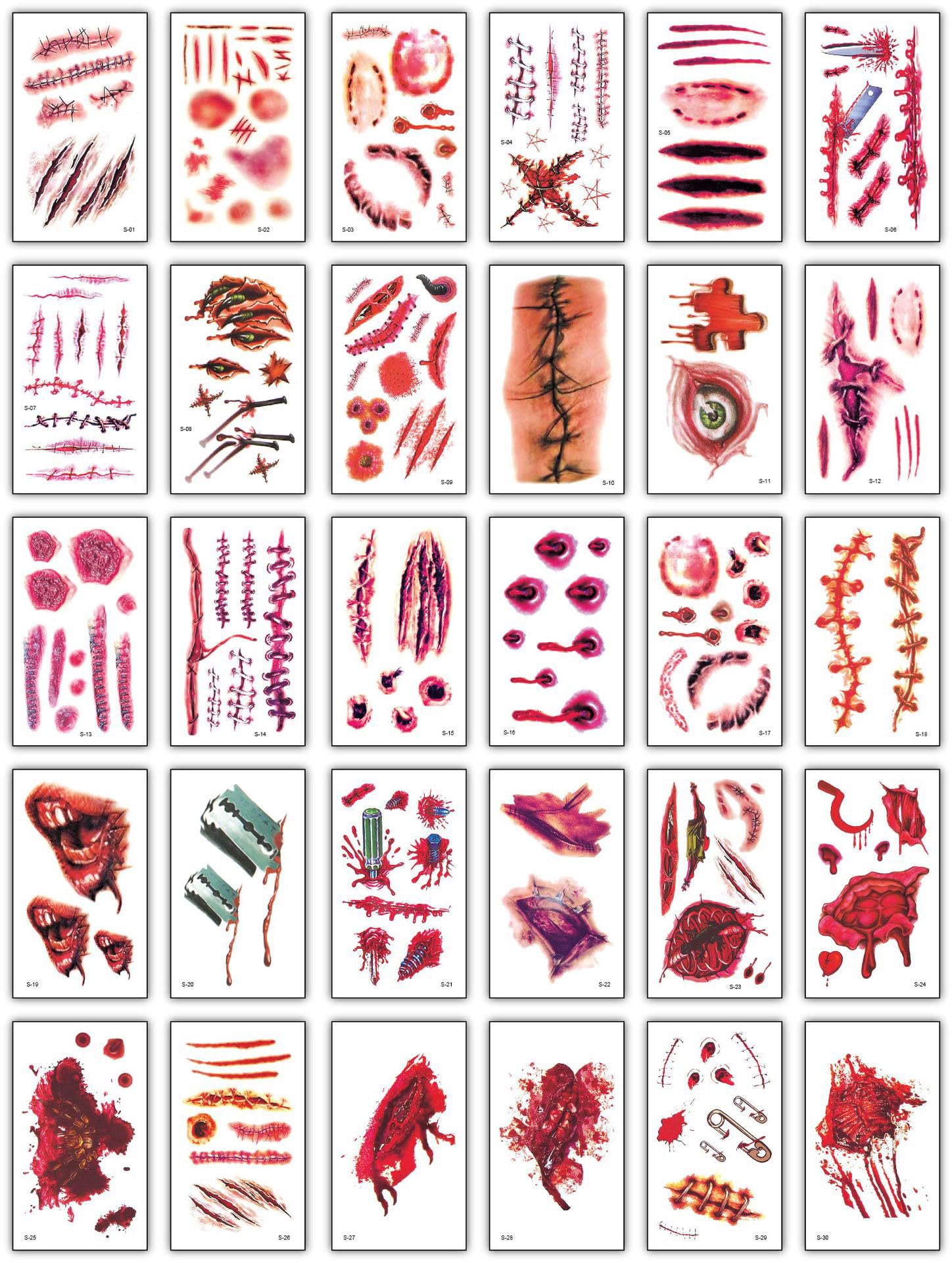 Scary Scars Pattern Mua 30 Pcs 3D Fake Scars Halloween Temporary Face Tattoos, Fake ...