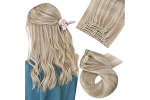 Moresoo Human Hair Clip in Extensions Blonde Highlight Hair Extensions Clip in Real Human Hair Ash Blonde Highlight with Blonde Clip in Human Hair Extensions Double Weft 5pcs/80g 12inch