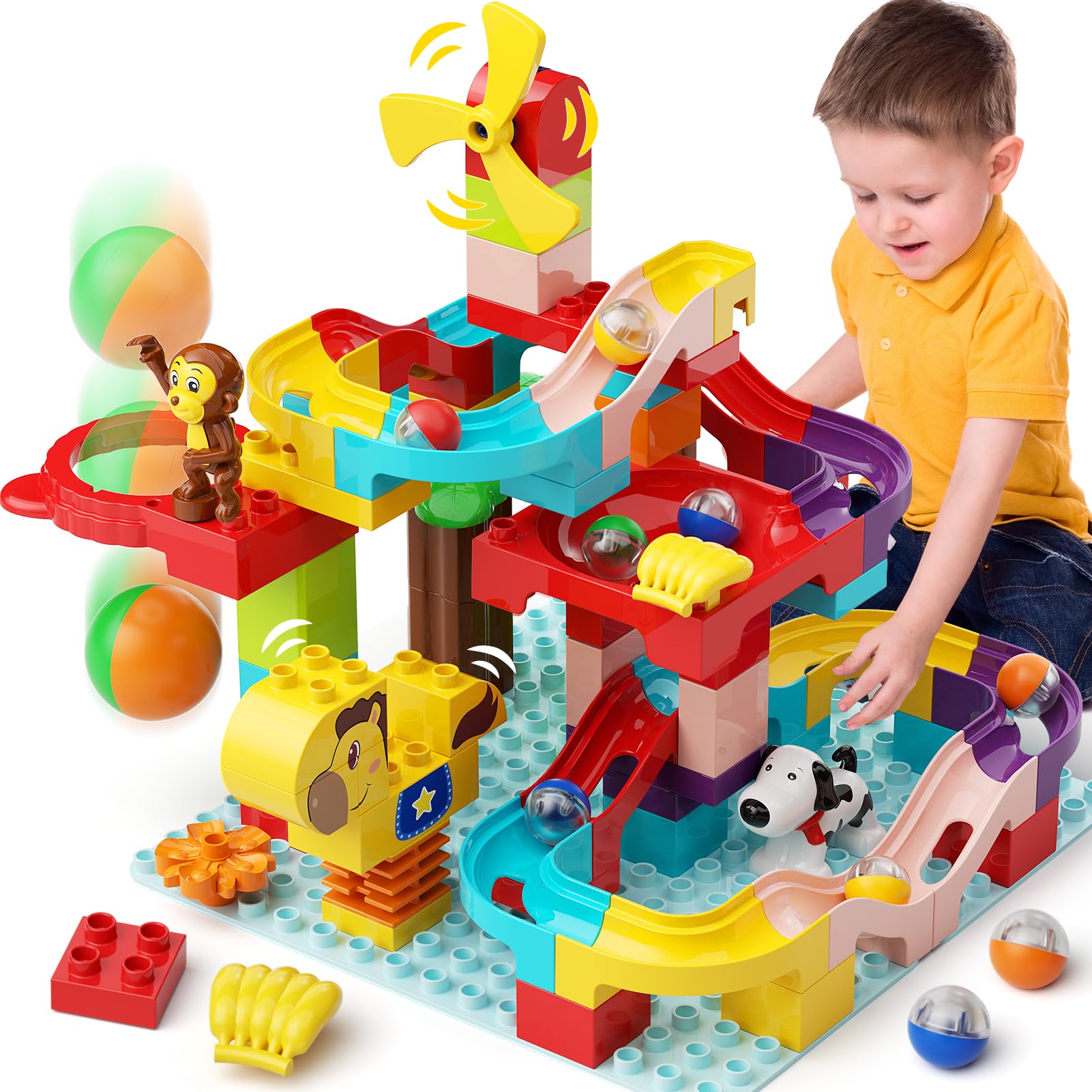 burgkidz Marble Run Building Blocks with Animal Figures and Ball Shooting, 88 Pcs Marble Race Tracks Kids Construction Toys Building Bricks Set, Educational Gift for ​3+ Years Boys and Girls