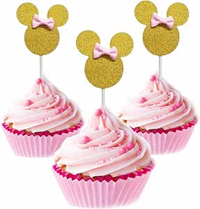 Purpurina Mouse Cupcakes Rosa Y Oro Minnie Inspirado Ninas Decoraciones De Fiesta De Cumpleanos Baby Shower 24pcs Kitchen Dining Amazon Com