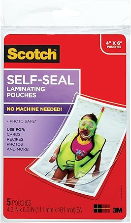 Amazon Com Scotch Self Sealing Laminating Pouches Glossy Finish 4 3 8 X 6 3 8 Inches 5 Pouches Pl900g Laminating Supplies Office Products