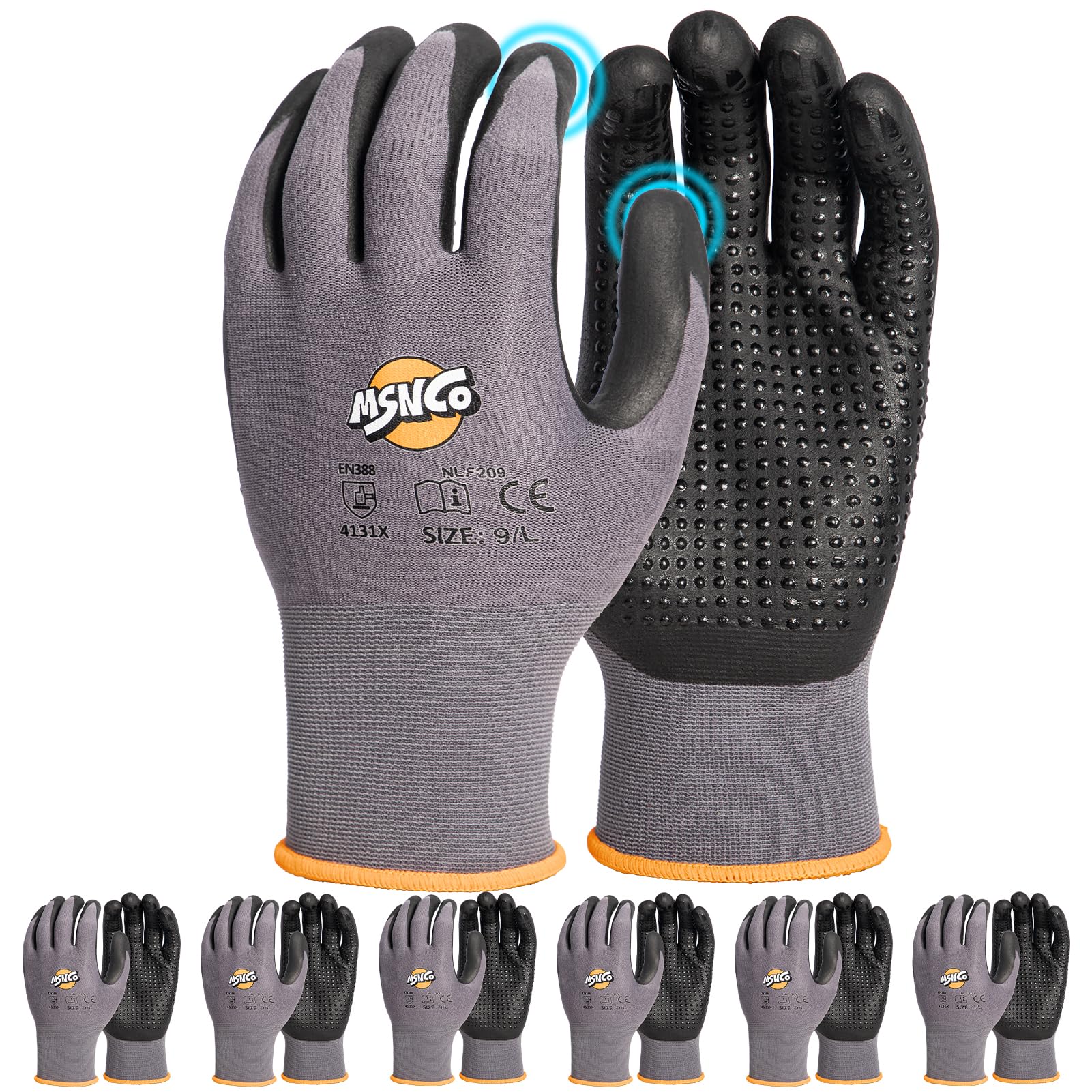 Safety Work Gloves 6/12 Pairs Micro Foam Nitrile Coated Endurance Seamless Knit Nylon ,Wear-resistant mechanical gloves with raised dots S Bump