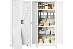 SISESOL 75" Tall Pantry Cabinet,Farmhouse Kitchen Pantry Storage Cabinets with 2 Doors and 5 Shelves,White Metal Storage Cabinet,Large Cupboard for Home,Kitchen,Dining/Living Room