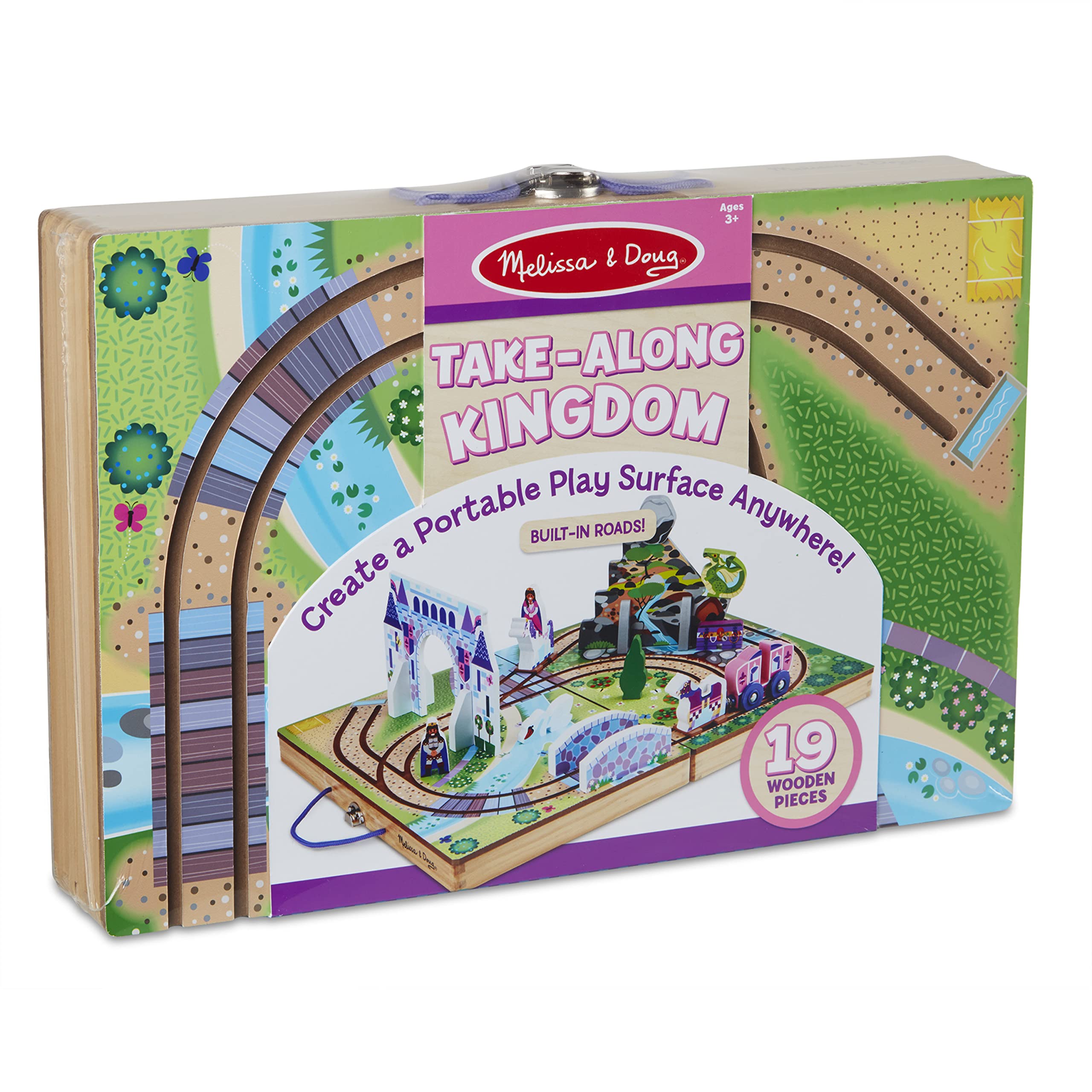 Melissa & Doug 19-Piece Wooden Take-Along Tabletop Kingdom – Carriage, Horse, Unicorn, Dragon, More