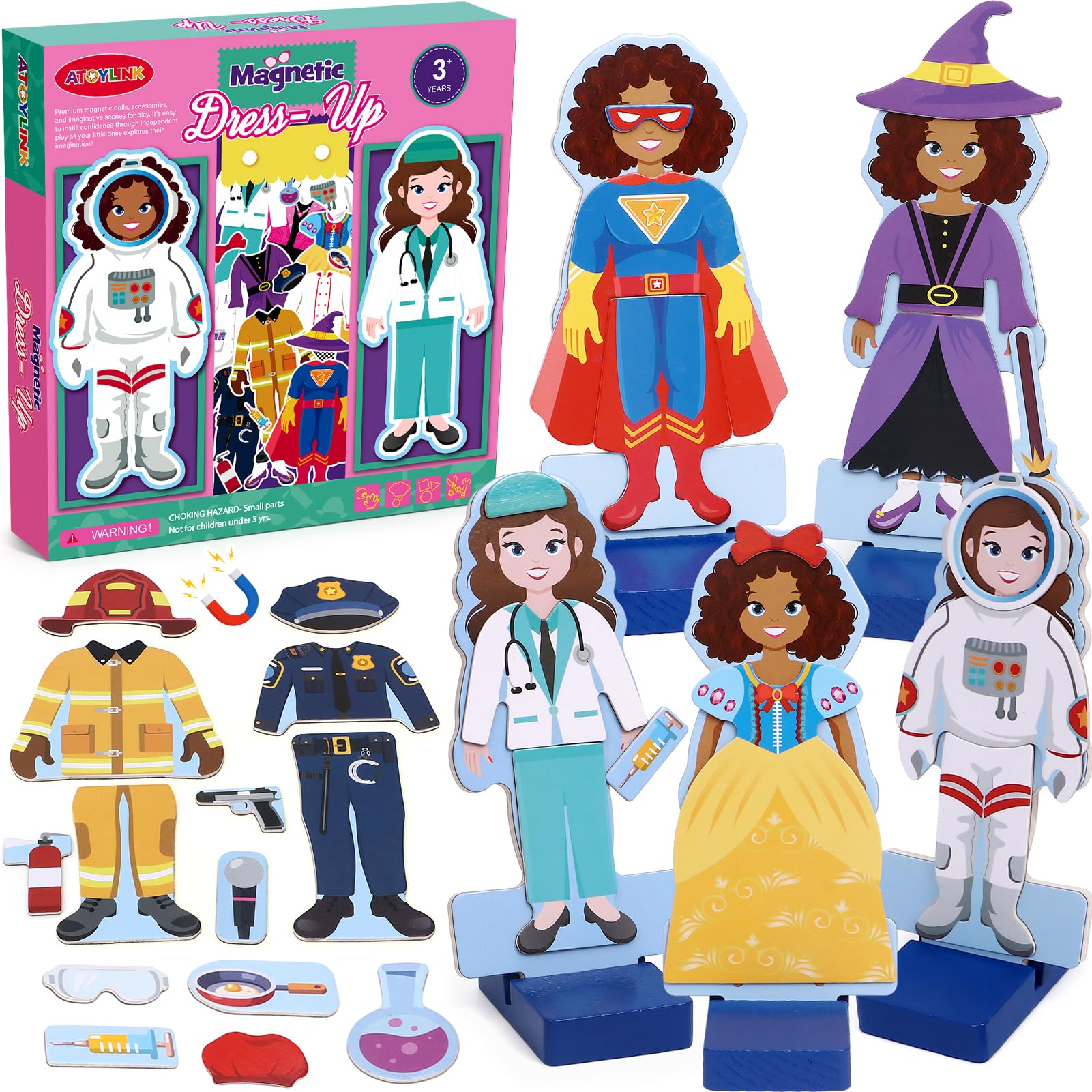 Photo 1 of Atoylink Wooden Magnetic Dress up Dolls for Girls Pretend Play Set, Princess/Witch/Occupations Community Helpers Matching Games Fashion Paper Dolls for Toddlers Preschool Learning Toys Gifts
