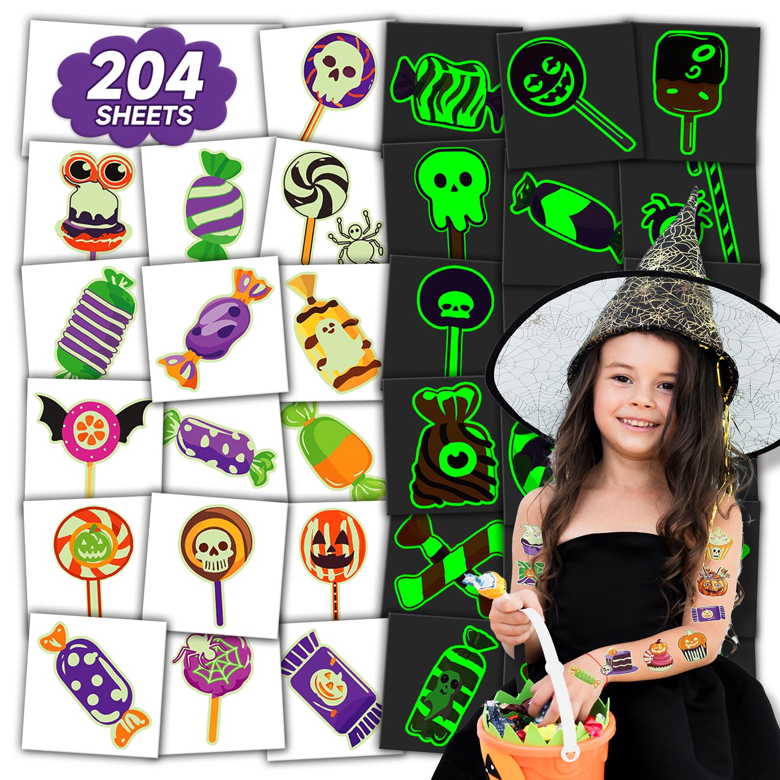 Acevegue Halloween Tattoos for Kids Party Bag Fillers, 204pcs Luminous Halloween Candy Stickers Sweets Bulk Supplies, Temporary Tattoos for Glow Halloween Decorations, Halloween Treats Games Toys