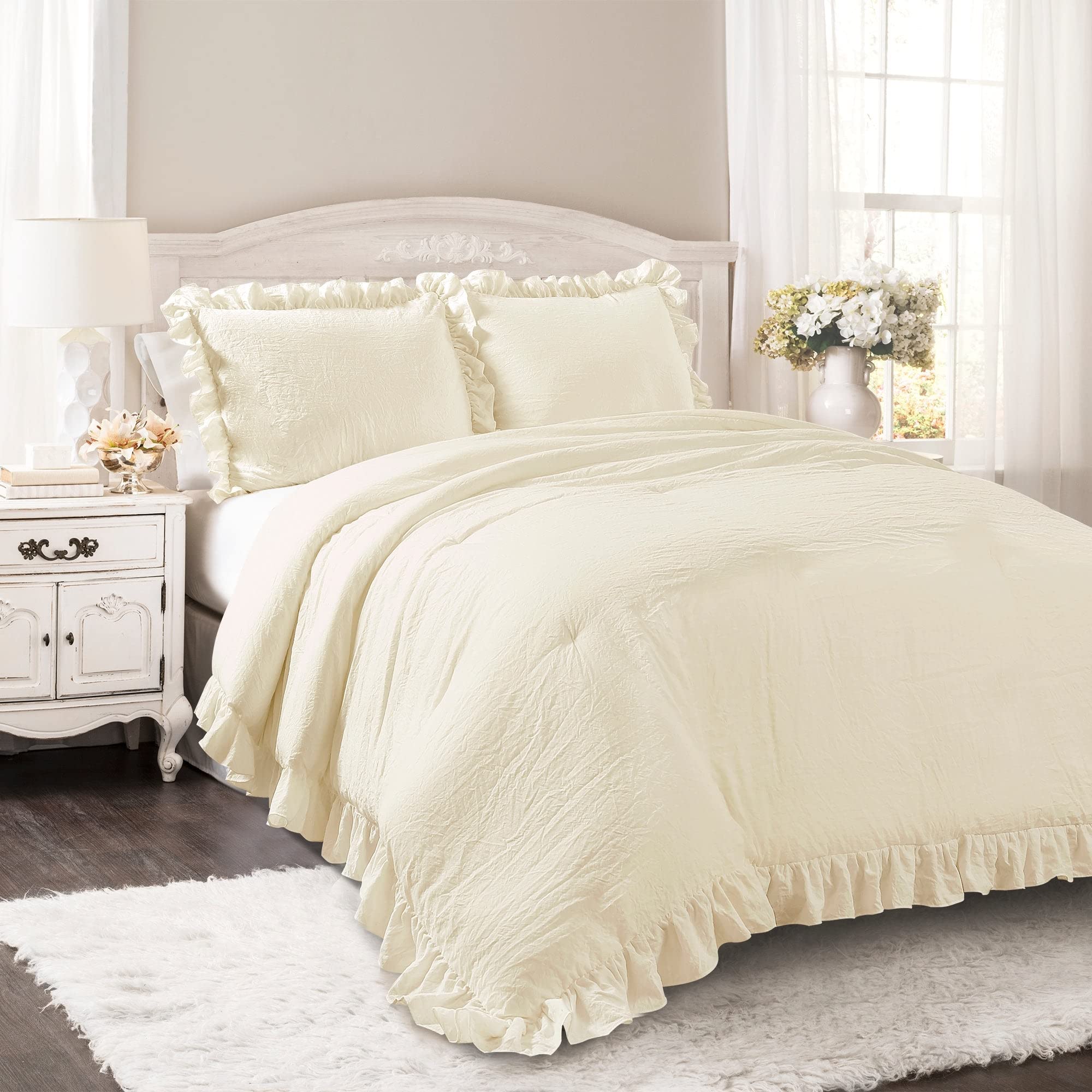 Lush Decor Reyna Ruffle Comforter Set - 3 Piece Cozy Ruffled Bedding Set - Timeless Elegance and Comfort for Bedroom - King, Ivory Image