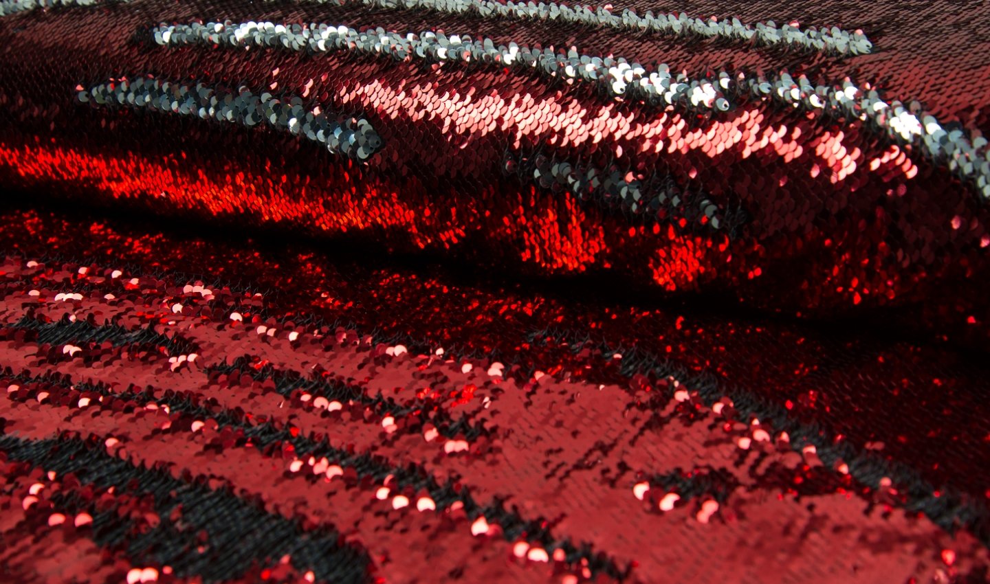 Two Toned Mermaid Fish Scale Sequin Fabric Material - RED Silver, 1Mtr - 140cm x 100cm — image 1