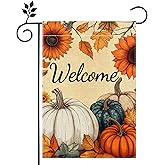 Fall Pumpkin Welcome Garden Flag for Outside 12x18 Inch Double Sided Burlap Autumn Thanksgiving Maple Leaf Sunflower Flowers Farmhouse Holiday Rustic Outdoor Yard Flag Home Decorations
