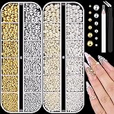 Flatback Nail Pearls Gems, Half Round Silver and Gold Nail Charms Beads and White Beige Pearls for Nails with Pickup Pencil and Tweezers, Pearl Nail Charm Rhinestones for Crafting Face Hair Manicure