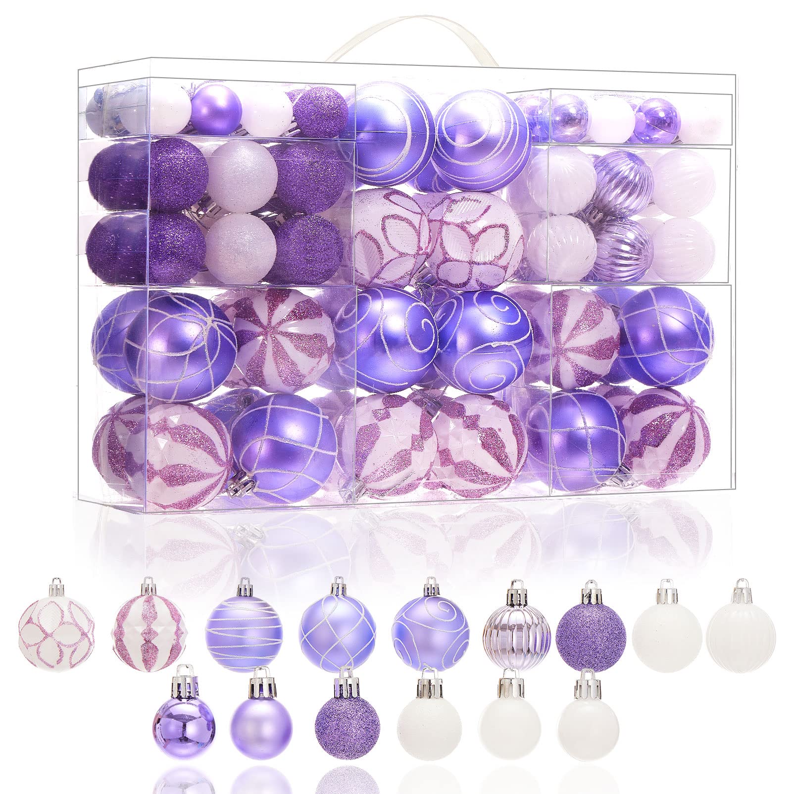 Photo 1 of 100Pcs Christmas Tree Ball Ornaments Set, Lavender and White Assorted Shatterproof Christmas Balls Decorations, Decorative Hanging Baubles for Holiday Weeding Party Home Decor