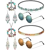 Kenning 8 Pcs Hippie Costume Set 60s 70s Party Accessories Hippie Set Including Round Sunglasses Elastic Rhinestone Headband