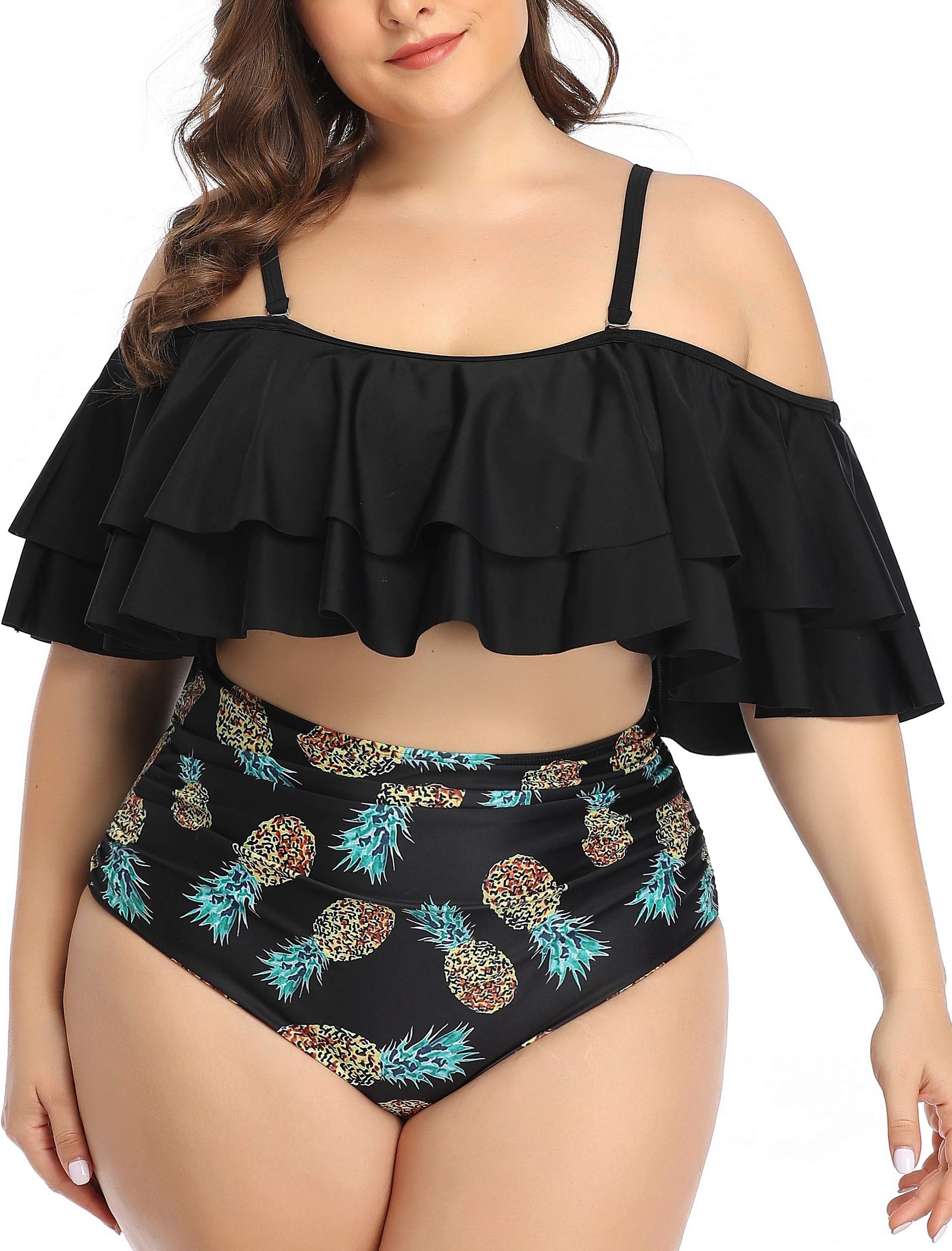Wavely Women Plus Size Swimwear Ruffled Bikini Off Shoulder High Waist Swimsuit