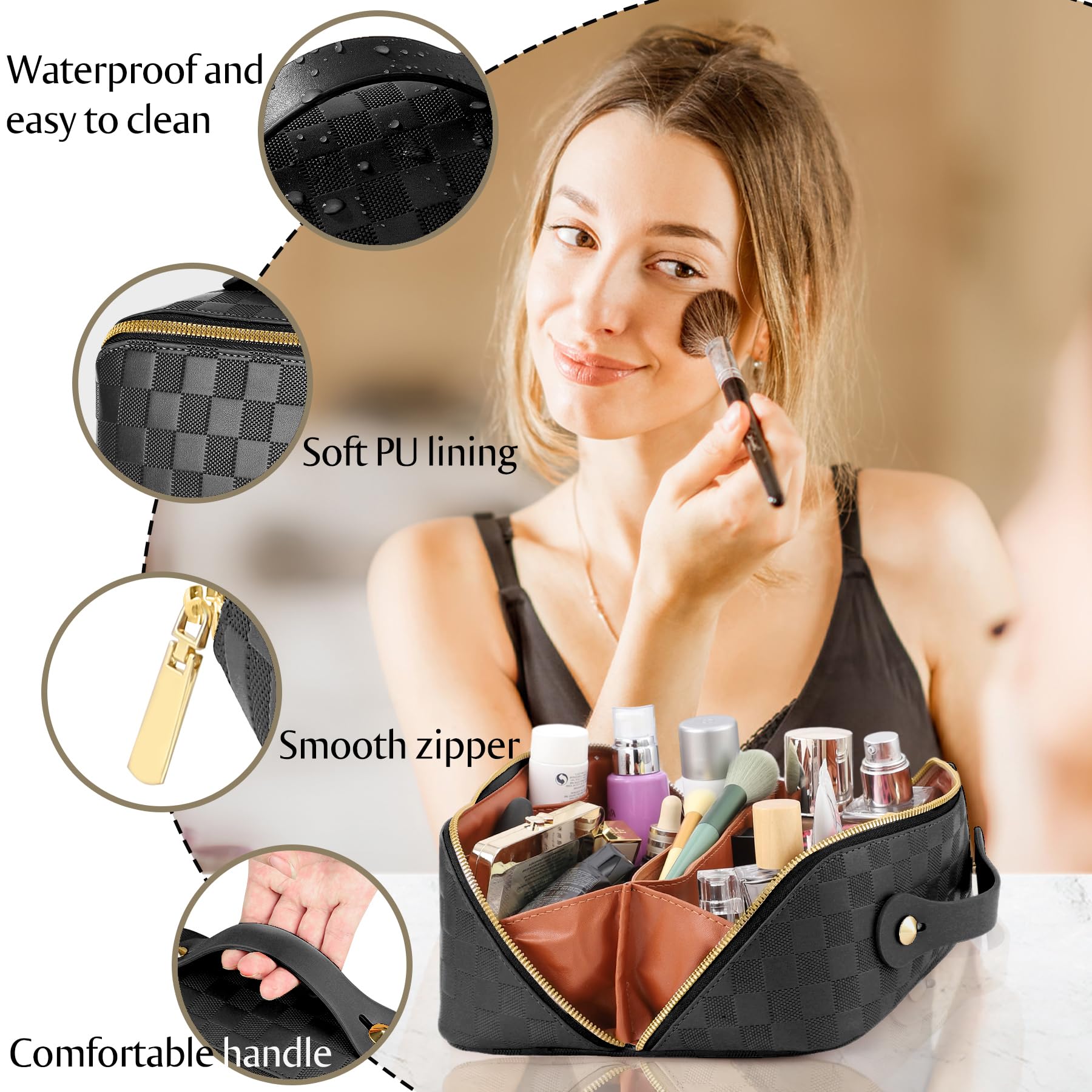 ALEXTINA Large Capacity Travel Cosmetic Bag - Portable Makeup Bags for Women Waterproof PU Leather Checkered Makeup Organizer Bag with Dividers and Handle,Toiletry Bag for Cosmetics