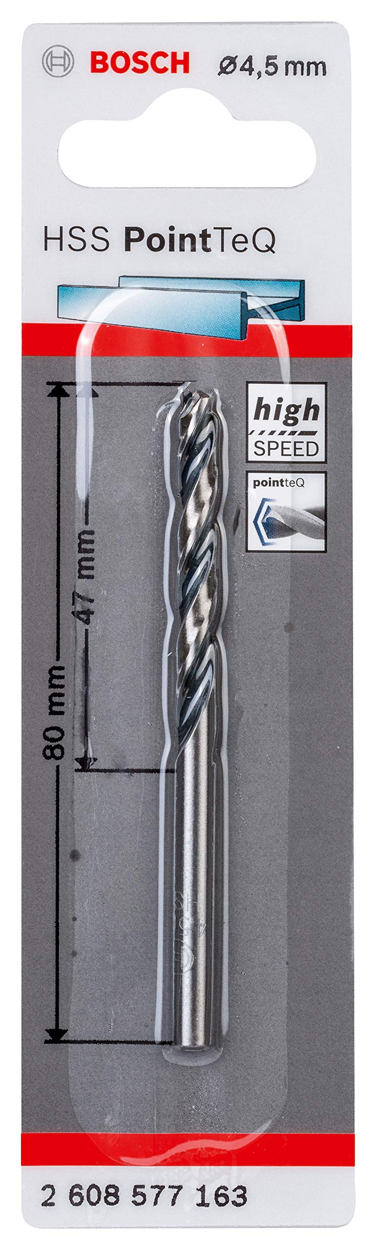 Bosch Professional PointTeQ HSS Twist Drill Bit (for Metal, 4.5 x 47 x 80 mm, Accessories for Drill Driver)
