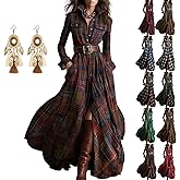 Women's Plaid Long Sleeve Maxi Dress Belted Vintage Western High-Waist Flowy Shirt Dresses Casual Pastoral Dress
