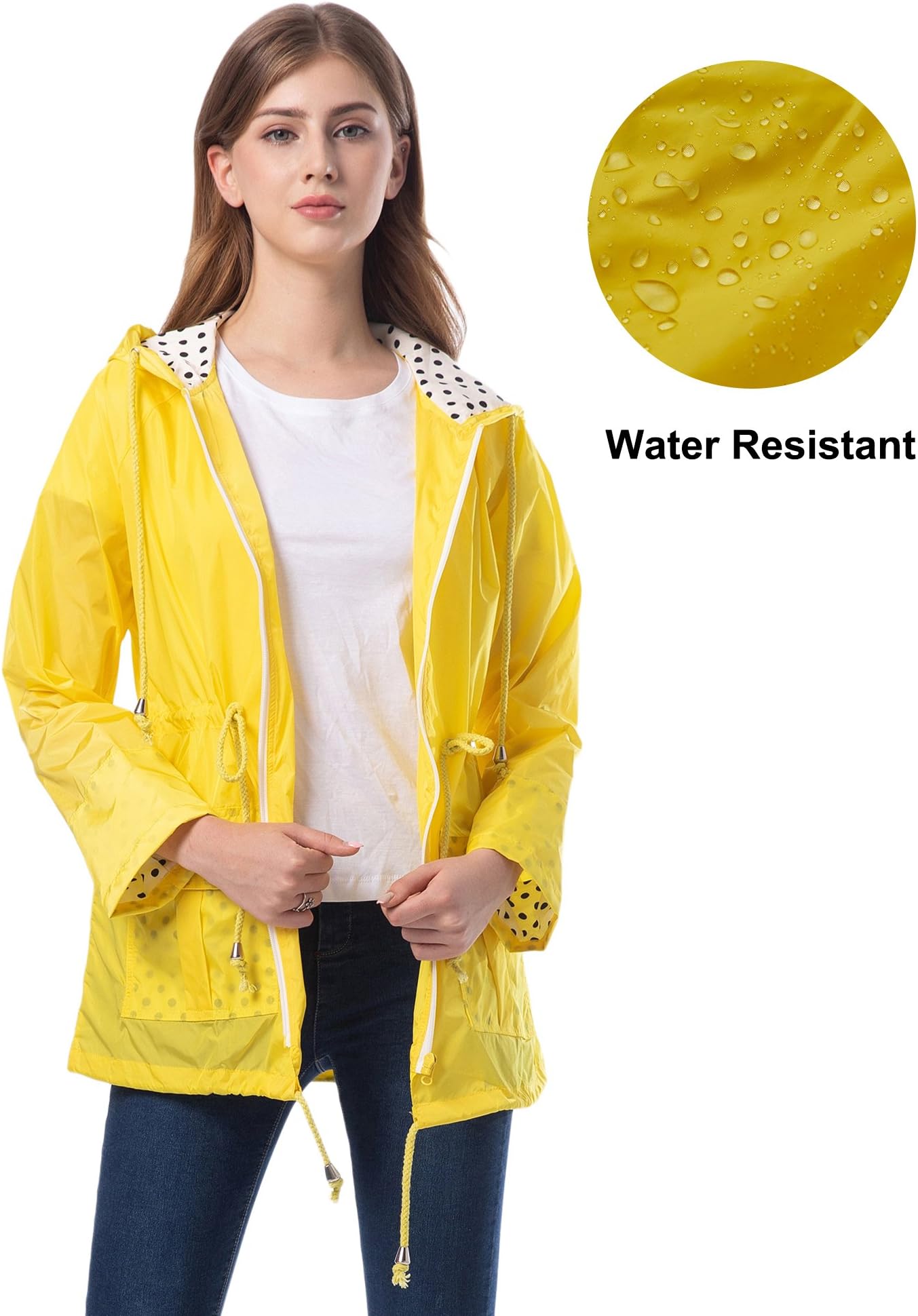 Romanstii Waterproof Jacket Women Hooded Lightweight Trench Raincoat Yellow XL
