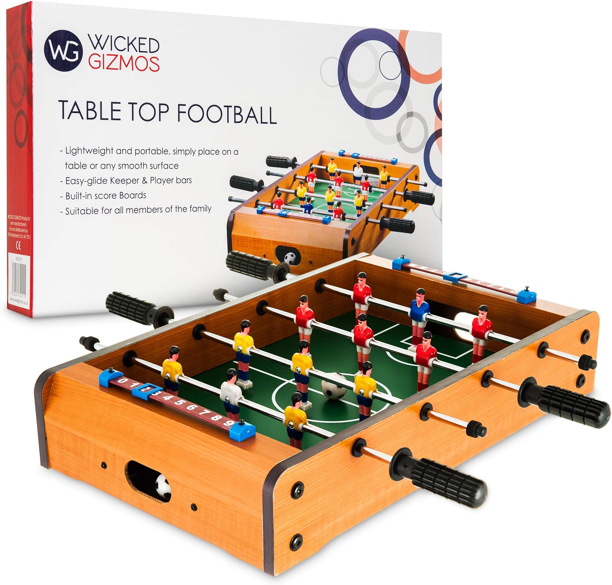 WICKED GIZMOS ® Table Top Football Game – Large Desktop Quality Wooden Foosball Soccer Sport Board - Includes 6 Players per Side and 2 Balls – Classic Novelty Retro Fun Toy Gadget Gift