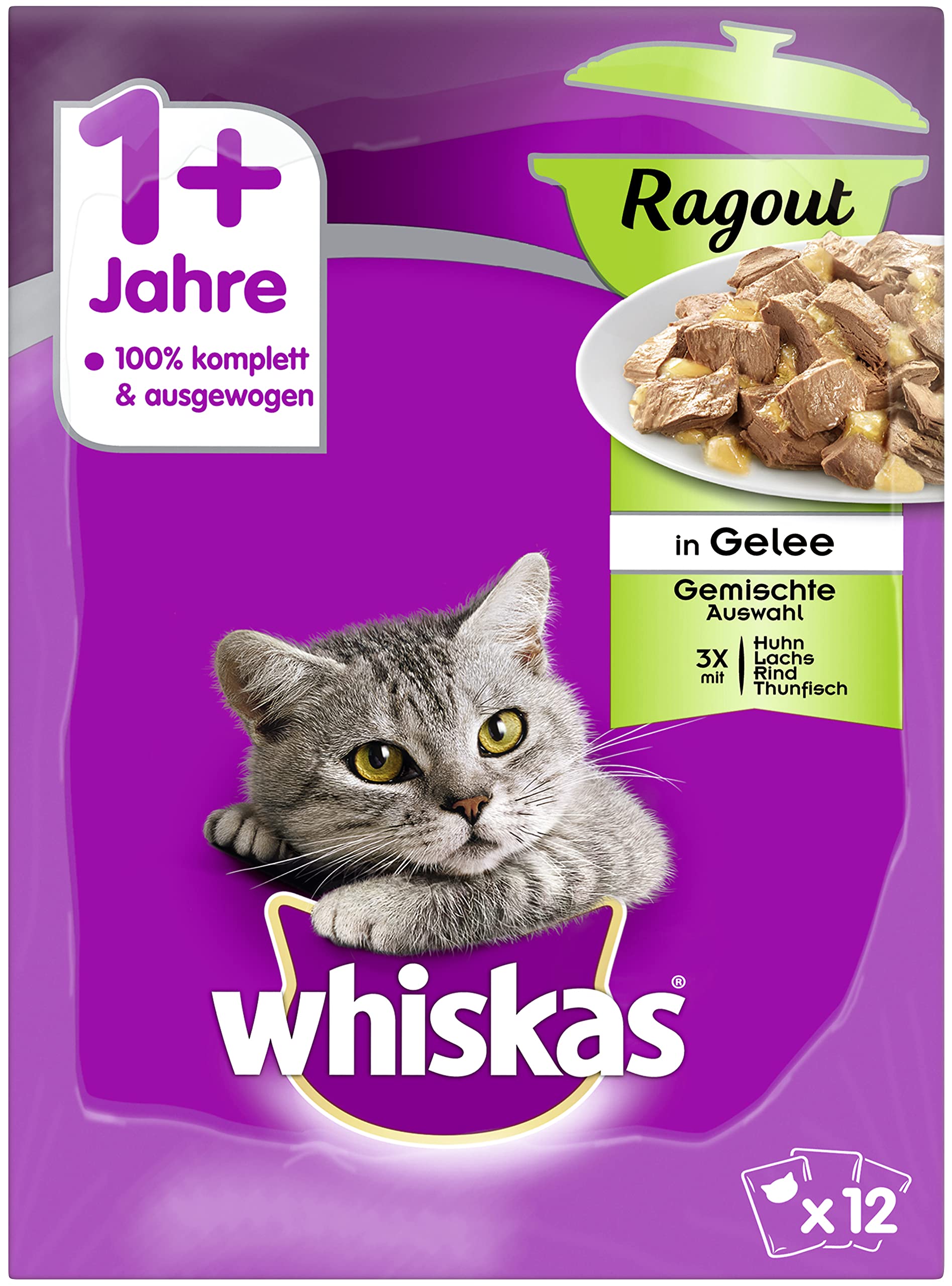Whiskas 1 + Cat Food Ragout - Mixed Selection in Jelly - Wet Food with Important Ingredients, 4 x 12 x 85g (packaging may vary)