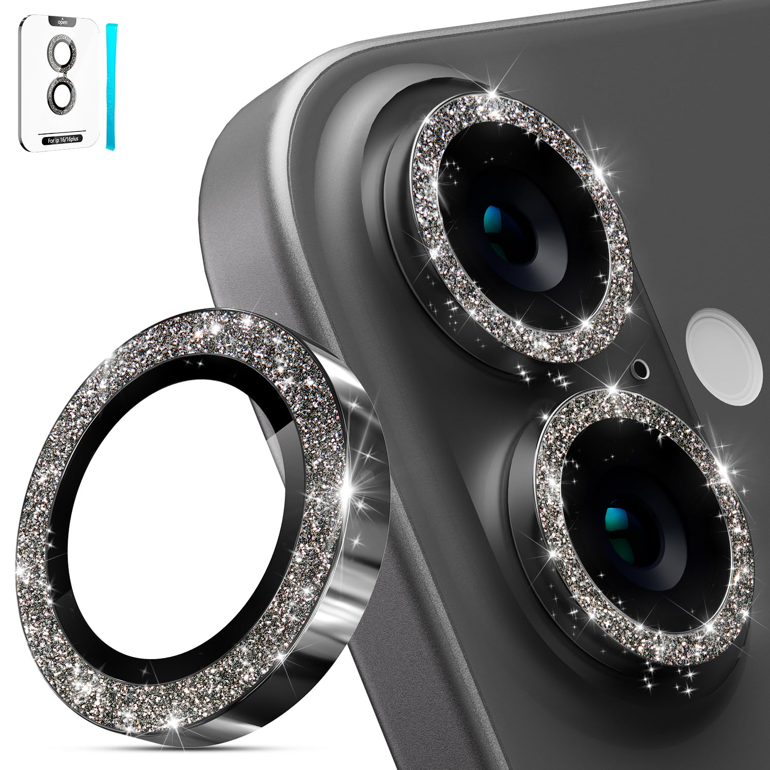 imluckies Glitter Camera Lens Protector for iPhone 16 / iPhone 16 Plus, AR+AF Tempered Glass, 9H Ultra-Tough Metal Individual Lens Cover, HD Clear Camera Accessories, Bling Black