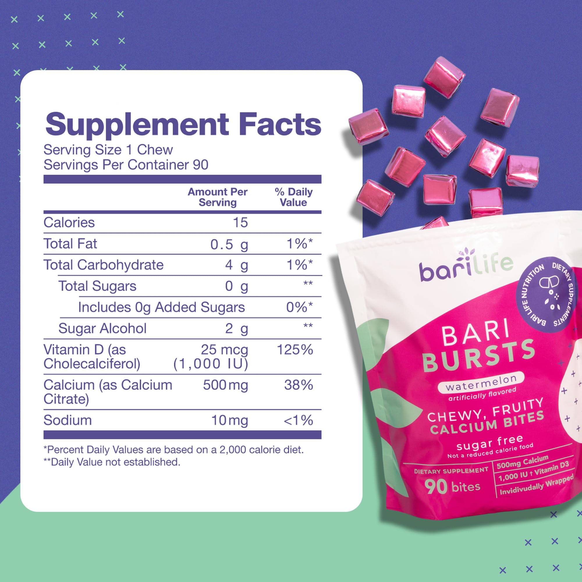 Calcium Citrate Bariatric Calcium Chews with 1000 IU Vitamin D3 - Ideal for Bariatric Patients - BariBurst by Bari Life (Watermelon)