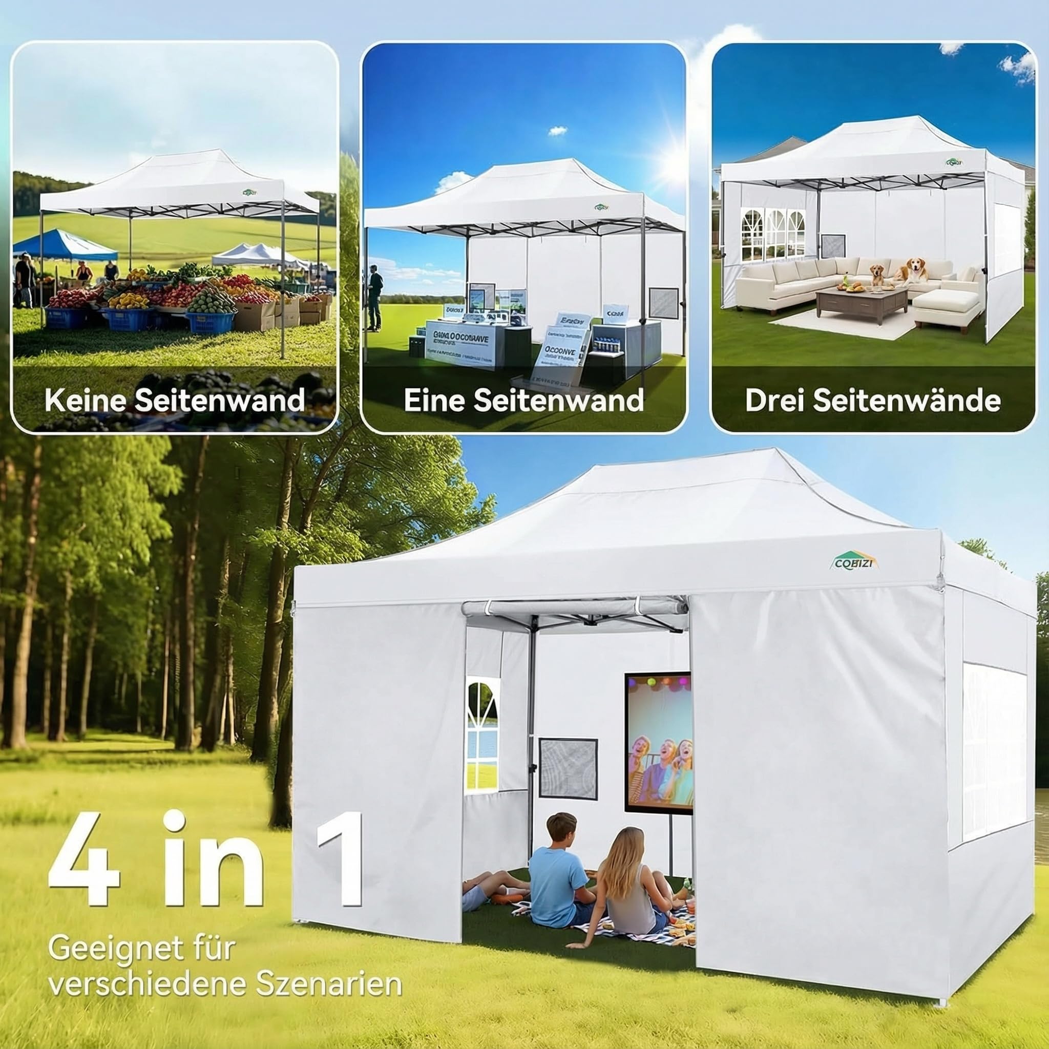 COBIZI Faltpavillon Pavillon 3x4.5 Wasserdicht Stabil, Outdoor Faltbar Garten Pavillon UV Schutz 50+, Partyzelt mit 4 Seitenteilen, Weiß 6