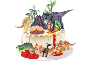 BlingABC 15PCS Dinosaurs Cake Toppers, Trex Dino Eggs Volcano Tree Cake Decorations for Kids Birthday Baby Shower Jurassic Wild Animal Dinosaur Theme Party Supplies