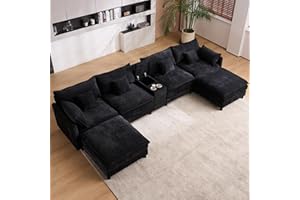 ONEMMLION 145" U Shaped Cloud Couch Sectional for Living Room, Oversized Modern Modular Sofa with Movable Ottoman, Comfy Fluffy Chenille 6 Seat Sofa Set with Central Console & USB Ports, Black