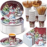 Ziliny 300 Pcs Christmas Party Supplies Paper Dinnerware Set for 50 Guests Christmas Oval Paper Plates and Napkins Disposable Cups Knives Forks Spoons Xmas Tableware Party Decor (Xmas Snowman)