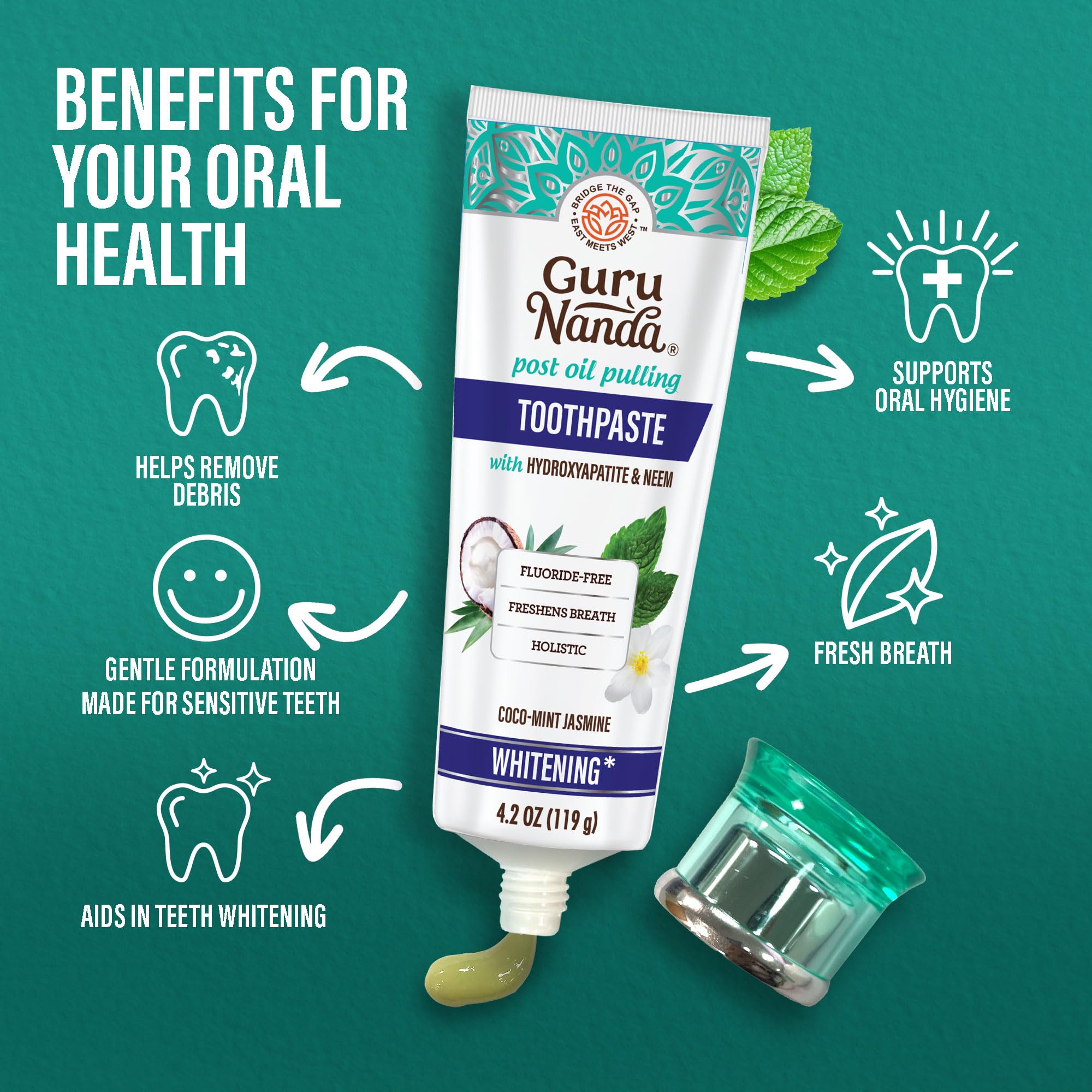 GuruNanda Hydroxyapatite Toothpaste, SLS & Fluoride Free, Whitening Toothpaste - Freshens Breath, Fights Plaque - Natural CocoMint Jasmine Neem, 4.2oz