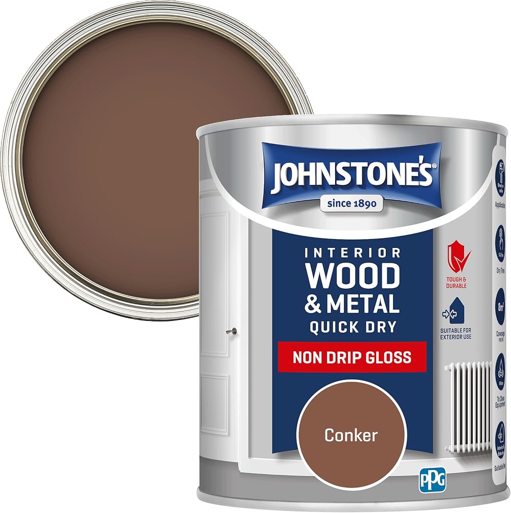 Johnstone's Wood Metal Paint Gloss Conker 750ml Water Based Non Drip Quick