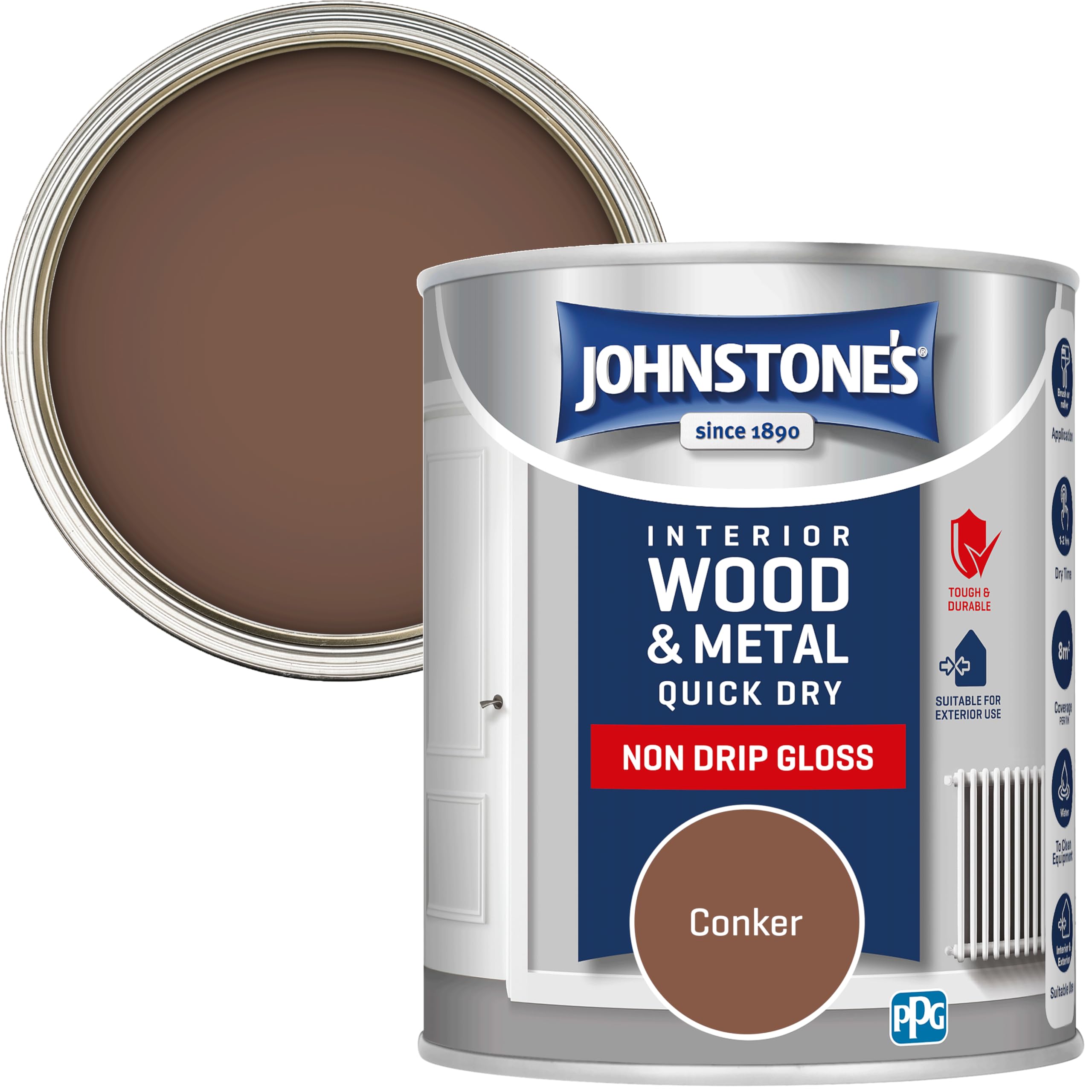 Johnstone's - Wood & Metal Paint - Gloss Finish - Conker - 750ml - Water Based - Non Drip & Quick Drying - Radiator Paint - Low Odour - Dry in 1-2 Hours - 8m2 Coverage per Litre